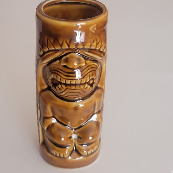 Hawaiian Polynesian Tiki Mug Cup  Vase Brown Barware Glazed  6 1/3" tall - Picture 6 of 8